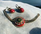 Satellite Paris France Goldtone Red Enamel Multicolor Stone Bracelet + Earrings