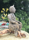Vintage Handmade Wooden Tin Tin Man Sitting Down Carving Figurine