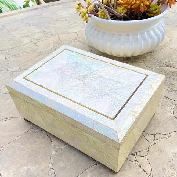 Philippines Signed Maitland Smith Tessellated Hinged Brass Mother Pearl Wood Box