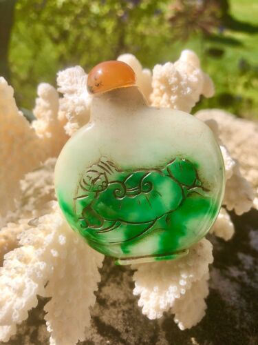 Chinese Carved Natural Apple Green JADE Jadeite Tested Snuff Bottle Antique Rare