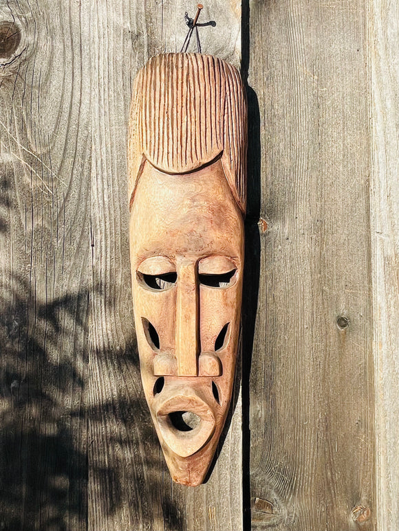 Antique Ethnic Wood Carved Handmade Elongated Wooden Tribal Folk Art Face Mask