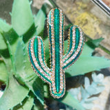 Vintage Enamel Emerald Green Cactus Desert Rhinestone Fashion Brooch Pin