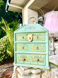 Antique Green Blue Painted Wood Drawer Storage Container Treasure Box