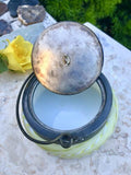 Antique Green White Swirl Satin Glass Silver Plate Rim Handle Lid Jar Container