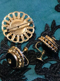 Antique Black & Gold Tone Round Rhinestone Screwback Earrings & Brooch Pin Set
