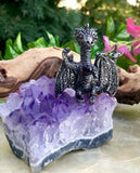 Beautiful Amethyst + Pewter Dragon w Red Stones Art Figurine