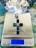 Vintage Designer Sterling Silver Cross Multi Stone Onyx Lapis Amethyst Pendant