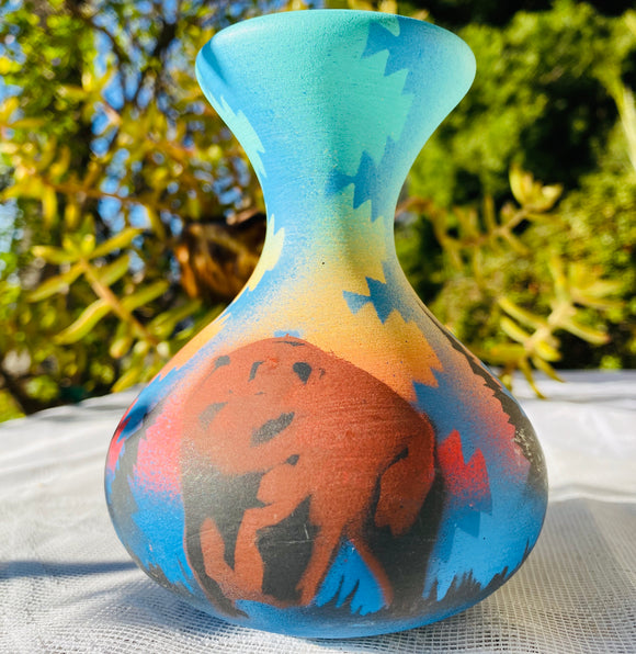 Artist Signed Bear Claw Southwestern Multi Color Tree Forest Decorative Vase