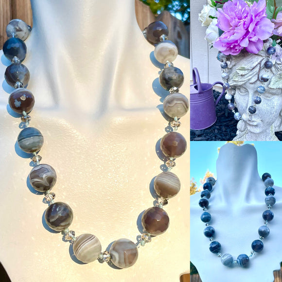 Faceted Blue Gray Agate Gem Stone Round Bead Sterling Silver 925 Beaded Knotted Necklace