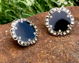 Sterling Silver Vintage Black Enamel Art Deco Pierced Earrings