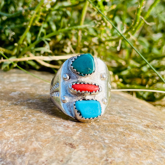 Sterling Silver 925 Native American Turquoise Stone & Coral Ring 7.79g Size 8.5