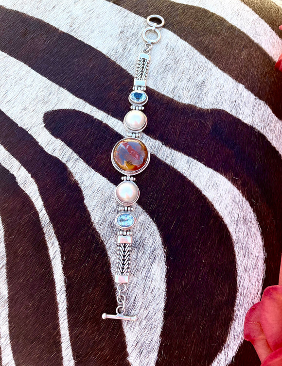 Vintage Sterling Silver 925 Pearl Blue Topaz Multi Gem Stone Hinged Bracelet 40g