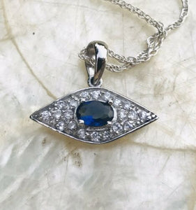 Sterling Silver Greek Evil Eye Blue Stone Cubic Zirconia 10” Necklace Pendant