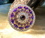 Vintage Signed Monet Purple + Pink Rhinestone Round Brooch Pin