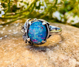 Vintage Sterling Silver Signed 925 Fire Blue Opal Stone Flower Ring 5.6g Size 8