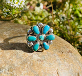Vintage Sterling Silver 925 Flower Cluster Floral Turquoise Stone Ring Size 6