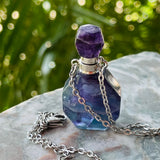 Fluorite Gem Stone Perfume Bottle Essential Oil Silver Tone Necklace Pendant