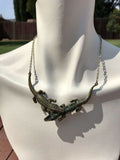 Unique Gold Tone Green + Orange Rhinestone Crocodile Alligator Choker Necklace