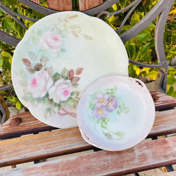 J & C Louise Bavaria Hand Painted Floral Dinner Plate Dish Set 2 Flower Plates