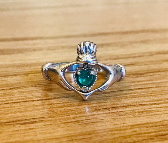 Vintage Claddagh Sterling Silver 925 Rotating Spinning Green Stone Ring S 6.25