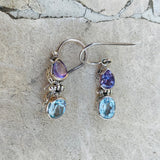 Vintage Sterling Silver 925 Amethyst Blue Topaz Aquamarine Dangle Earrings 4.1g