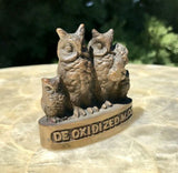 Anique DE OXIDIZED M Co BRIDGEPORT Ct Owl Family Bronze Advertising Paperweight