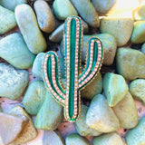 Vintage Enamel Emerald Green Cactus Desert Rhinestone Fashion Brooch Pin