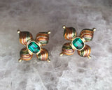 Vintage Green Rhinestone Gold Tone Enamel Pierced Earrings