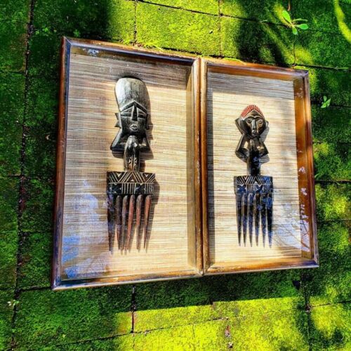 Vintage African Tribal Primitive Hand Carved Wooden Hair Combs In Shadow Box Set