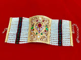 Beautiful Gold Tone Green + Red Rhinestone + Pearl Fashion Cuff Panel Bracelet