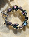 Vintage Sterling Silver Artisan Handmade Floral Glass Art Beads Toggle Bracelet
