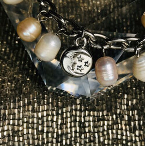 Silver Tone Moon Pearl Moon Charm Bracelet