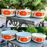 Vtg Sanko Ware Show Pans Nesting Mixing Bowls Enamel Metal Orange Poppy Set Of 3