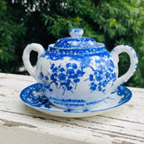 Asian Blue White Floral Signed Ceramic Vintage Handled Sugar Bowl & Plate Set