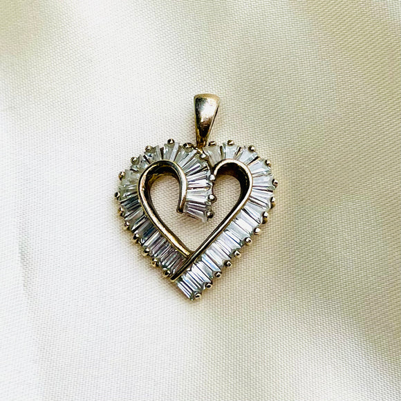 Vintage Signed Sterling Silver 925 Baguette Cubic Zirconia China Heart Pendant