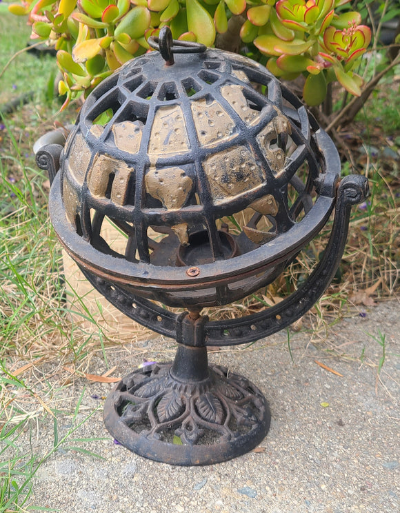 Antique Cast Iron Metal Gold Tone Spinning World Globe Candle Holder Decor Art