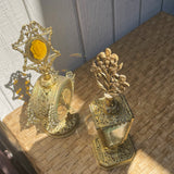 Vintage Filigree Floral Gold Vanity Glass Beveled Set of 2 Perfume Bottles