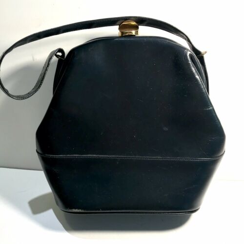 Small Vintage Black Leather Handbag With Gold Colored Clasp And Handle