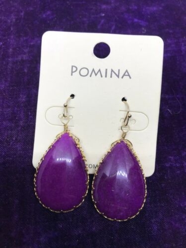 Large Purple Teardrop Pomina Hand-Crafted Gold Wire Wrap Stone Earrings