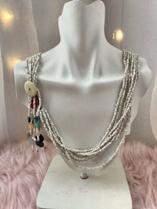 Vintage Artisan Hand Made White Multi-Color Beaded Long Ethnic Brad Necklace