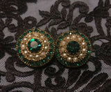 Antique French Vintage Gold Tone Faux Pearl Green Rhinestone Circle Clip On Earrings Made in France