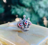 Sterling Silver Signed 925 Marcasite & Red Gem Stone Royal Crown Ring Size 10