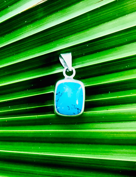 Vintage Sterling Silver 925 Mexico Blue Turquoise Stone Rectangular Pendant 8.6g