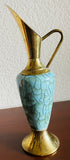 Vintage Brass Gold Tone Blue Teal Delft Holland Pottery Pitcher Vase w Handle