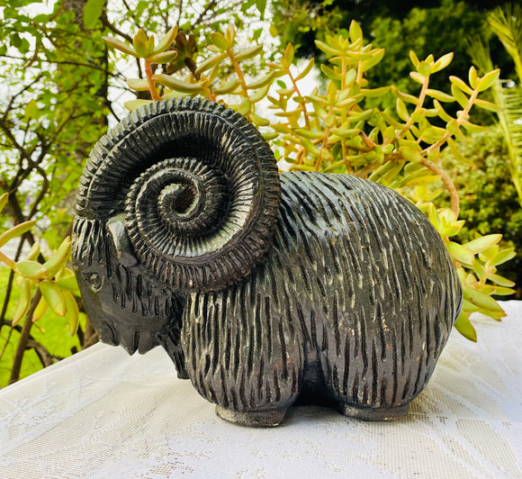 Vintage Artisan Carved Heavy Ram With Horns Animal Art Decor Figurine Sculpture