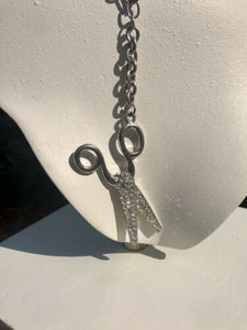 Rhinestone Silver Tone Scissors Shears Hairdresser Pendant Chain Link Necklace