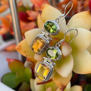 Vintage Sterling Silver 925 Peridot & Citrine Gem Stone Dangle Earrings 6.5g