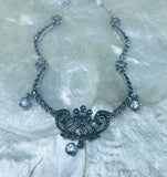 Vintage Designer Signed JJ Sterling Silver 925 Marcasite Floral CZ Necklace