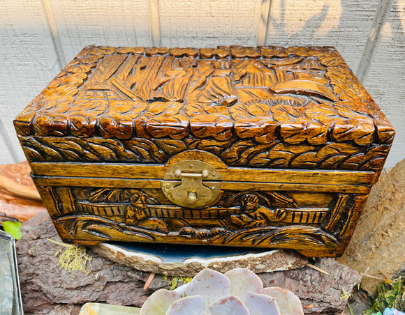 Vintage Relief Hand Carved Wood Brass Ornate Floral Folk Art Trinket Jewelry Box