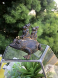 Antique Bronze Patina Metal Ethnic Tribal Couple Riding Frog Folk Art Sculpture